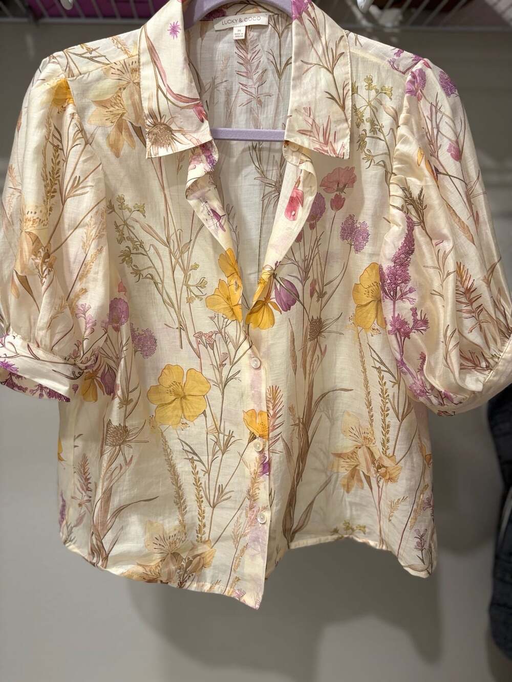 Lucky & Coco Floral Botanical Print Puff Sleeve Button Down Blouse